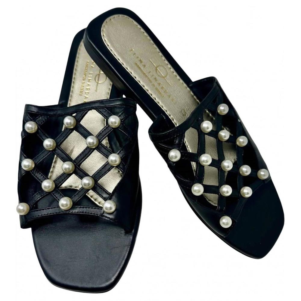 NEW ELINA LINARDAKI women's pearl studded slides in black